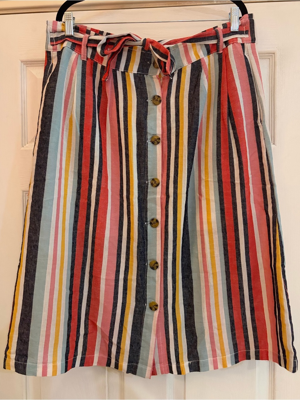 DASH Multicolor Striped Button-Front Linen Blend Midi Skirt
